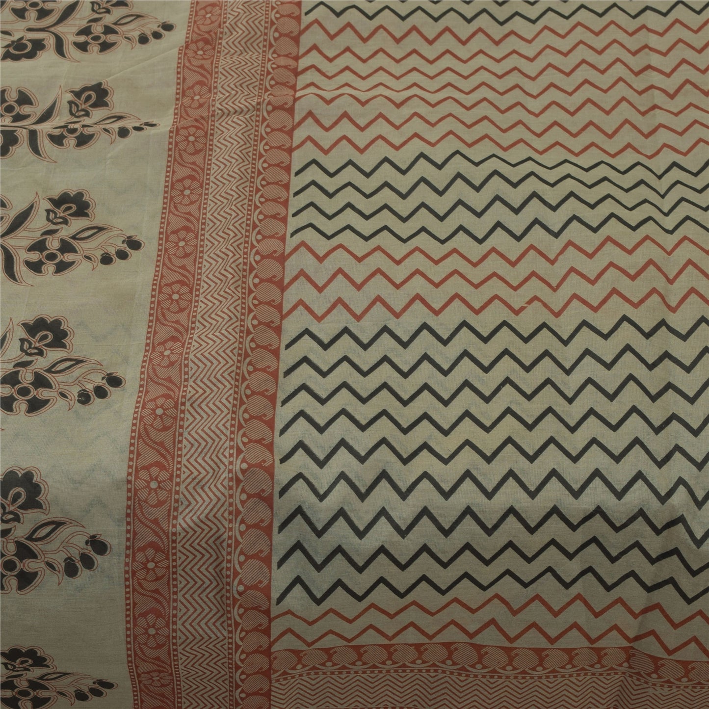 Sanskriti Vintage Sarees Indisk Elfenbensfarvet Ren Bomuld Trykt Sari 5+ yard Håndværksstof
