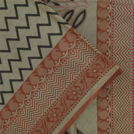 Sanskriti Vintage Sarees Indian Ivory Pure Cotton Printed Sari 5+yd Craft Fabric