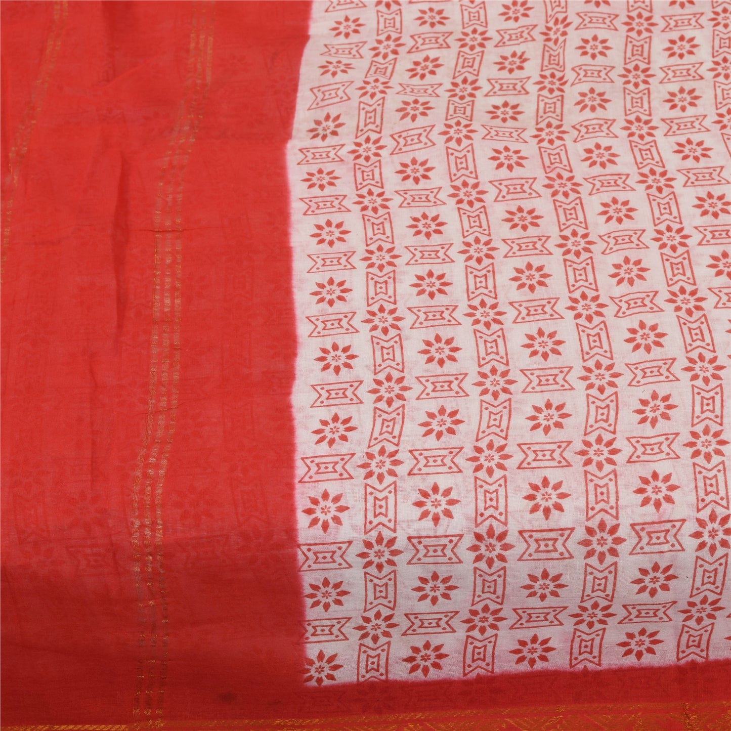 Sanskriti Vintage Sarees Pink & Rød Ren Bomuld Trykt & Zari Vævet Stof 5+ yard