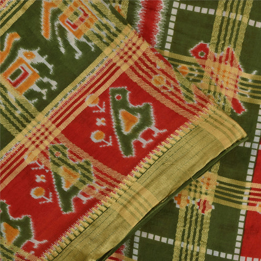 Sanskriti Vintage Sarees Patan Patola Animal Print Woven Pure Cotton Sari Fabric