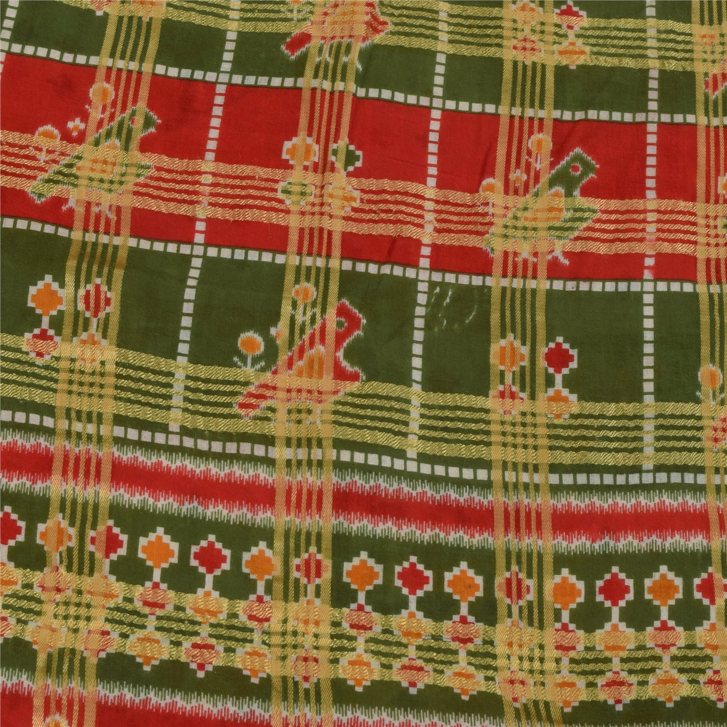 Sanskriti Vintage Sarees Patan Patola Animal Print Woven Pure Cotton Sari Fabric