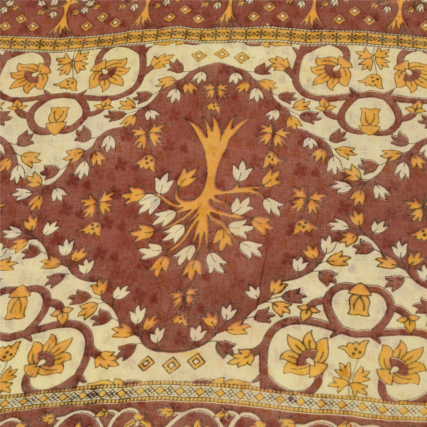 Sanskriti Vintage Sarees Indian Ivory Pure Cotton Printed Sari 5+yd Craft Fabric