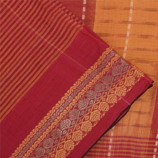 Sanskriti Vintage Sarees Red & Yellow Beghampuri Woven Pure Cotton Sari Fabric