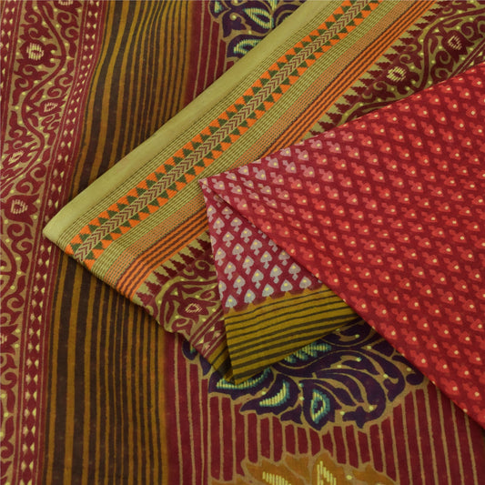 Sanskriti Vintage Sarees Red Block Printed Pure Cotton Sari 5+yd Craft Fabric