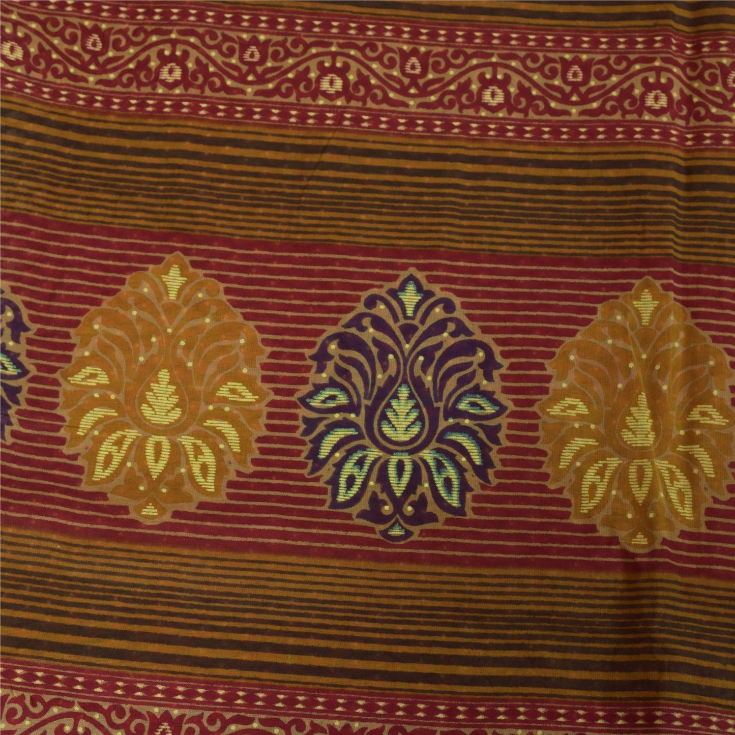 Sanskriti Vintage Sarees Red Block Printed Pure Cotton Sari 5+yd Craft Fabric