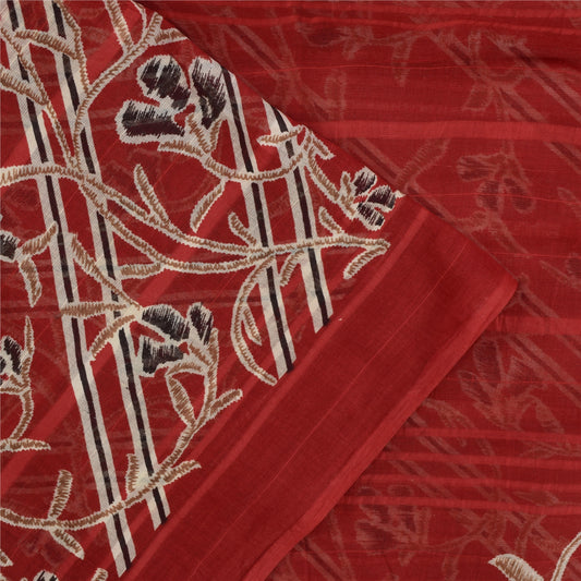 Sanskriti Vintage Sarees Indian Red Pure Cotton Printed Sari 5+yd Craft Fabric