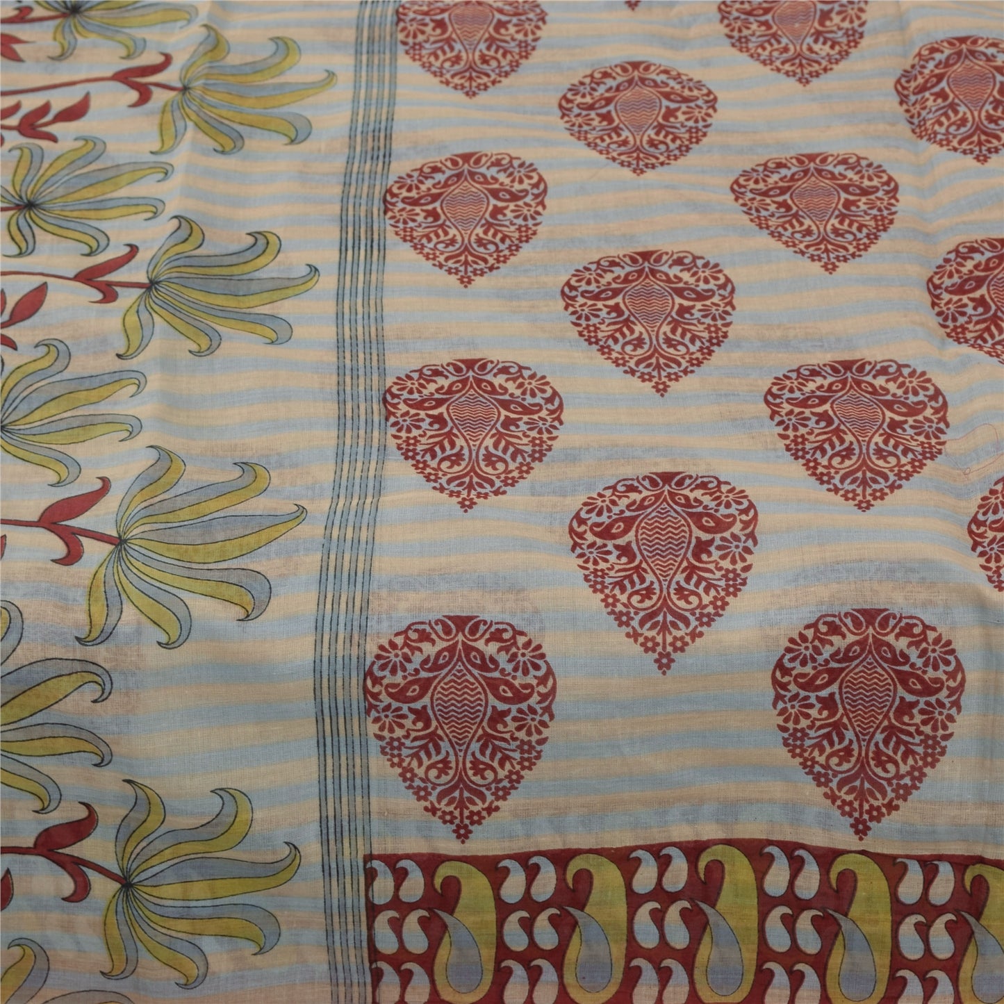 Sanskriti Vintage Sarees Indian Cream Pure Cotton Printed Sari 5+yd Craft Fabric