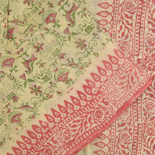 Sanskriti Vintage Sarees Cream Pure Cotton Hand Block Printed Sari 5+yd Fabric
