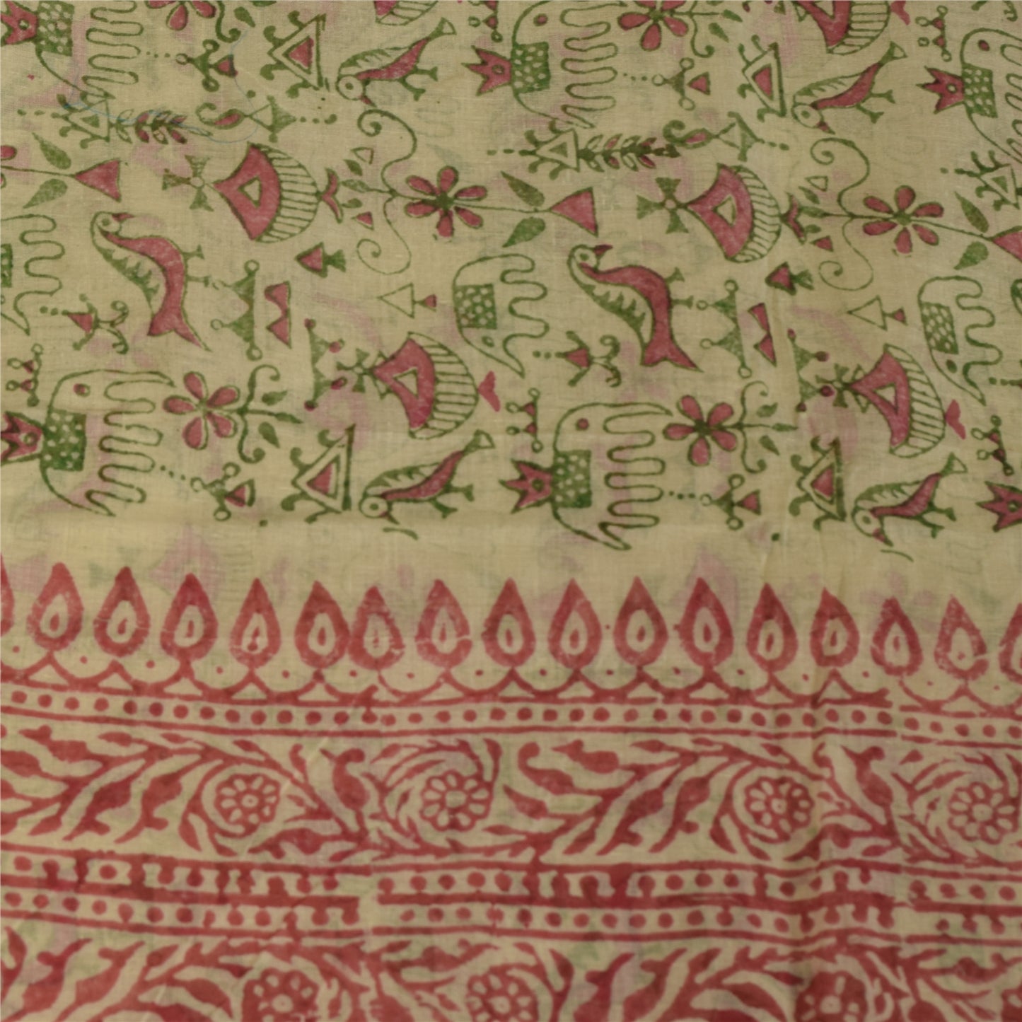 Sanskriti Vintage Sarees Cream Pure Cotton Hand Block Printed Sari 5+yd Fabric