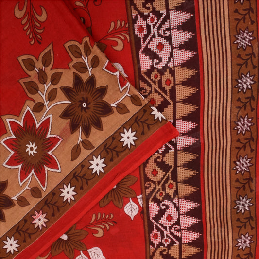 Sanskriti Vintage Sarees Redsish-Orange Pure Cotton Print Sari 5+yd Craft Fabric