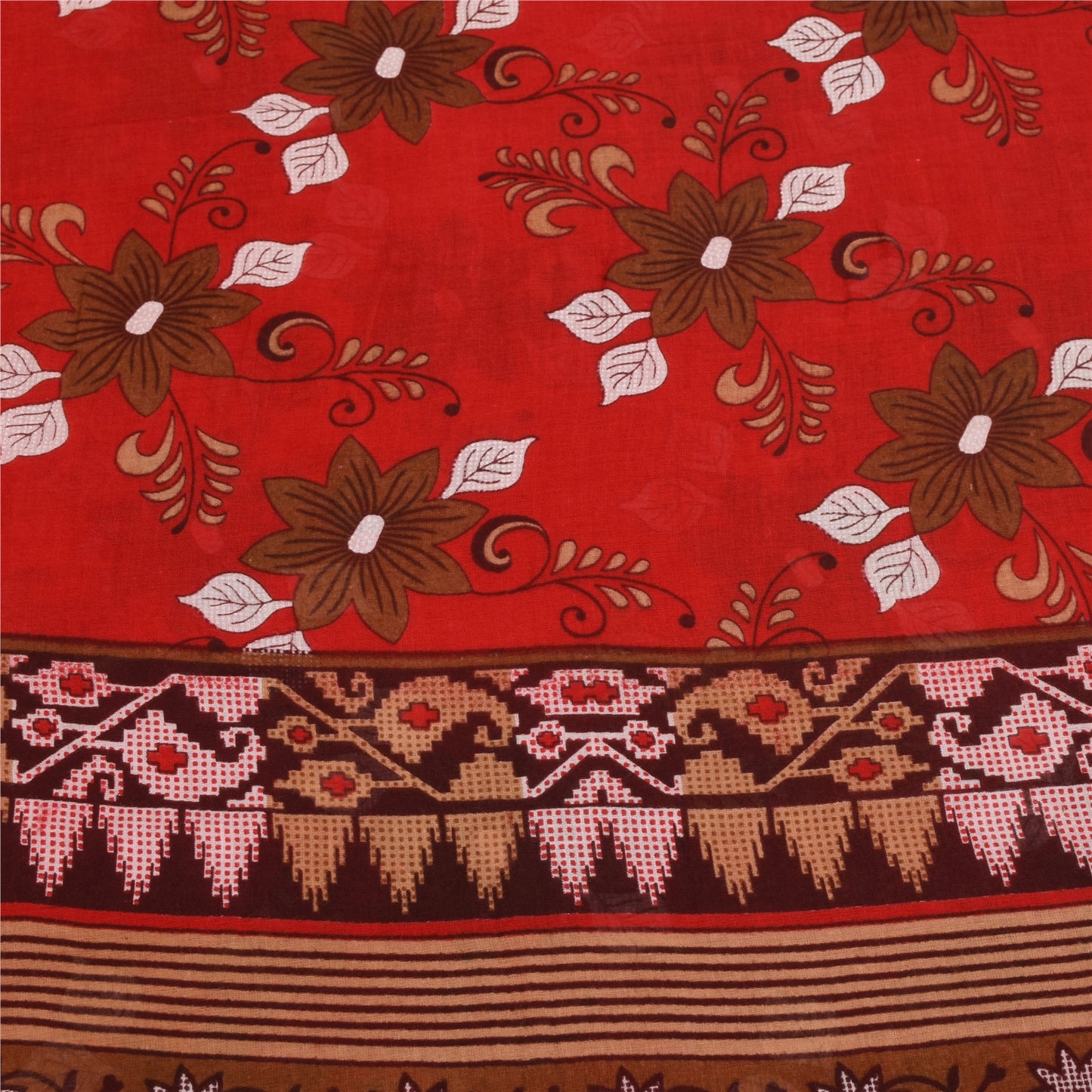 Sanskriti Vintage Sarees Redsish-Orange Pure Cotton Print Sari 5+yd Craft Fabric