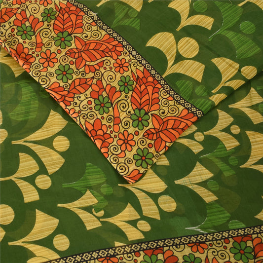 Sanskriti Vintage Sarees Green 100% Pure Cotton Printed Sari 5+yd Craft Fabric