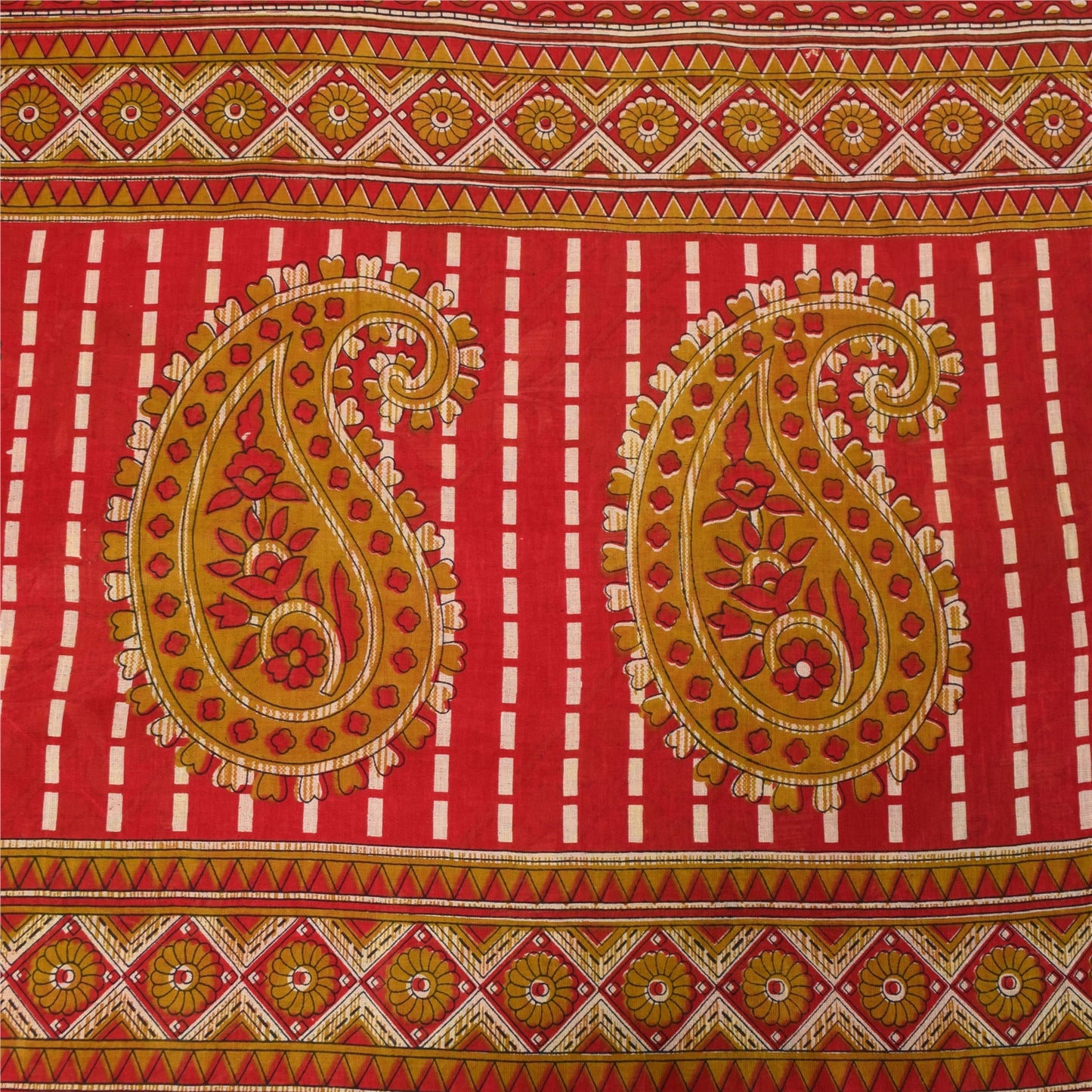 Sanskriti Vintage Sarees Indian Red Pure Cotton Printed Sari 5+yd Craft Fabric