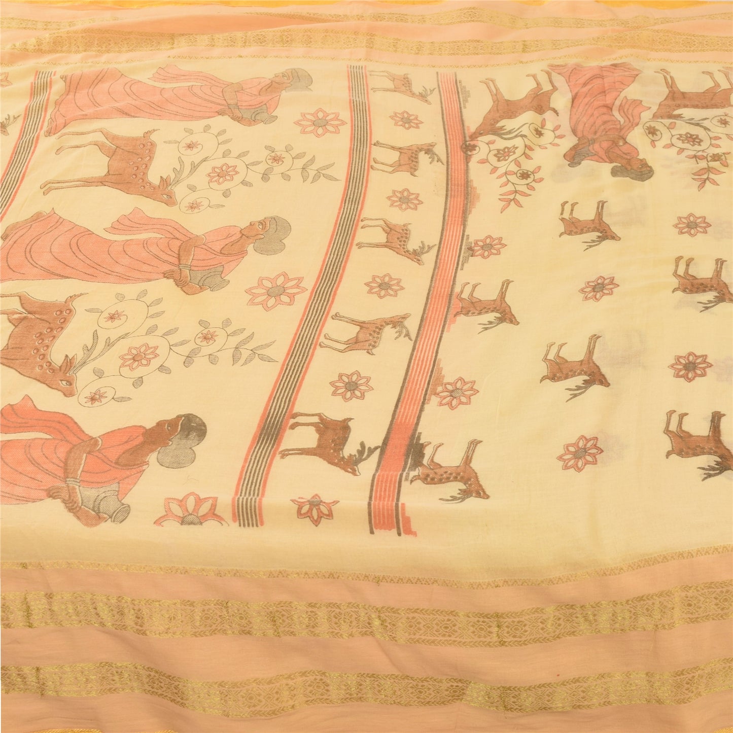 Sanskriti Vintage Sarees Peach Women Deer Pure Cotton Printed Sari 5+yd Fabric