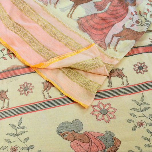 Sanskriti Vintage Sarees Peach Women Deer Pure Cotton Printed Sari 5+yd Fabric