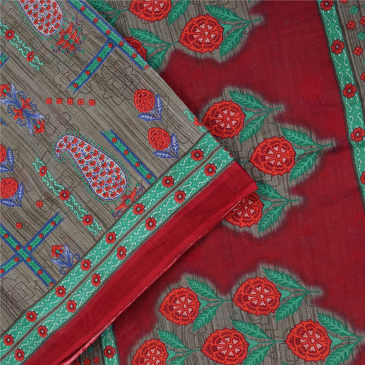 Sanskriti Vintage Sarees Indian Gray Pure Cotton Printed Sari 5+yd Craft Fabric