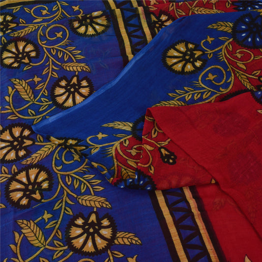 Sanskriti Vintage Sarees Red & Blue Pure Cotton Printed Sari 5+yd Craft Fabric