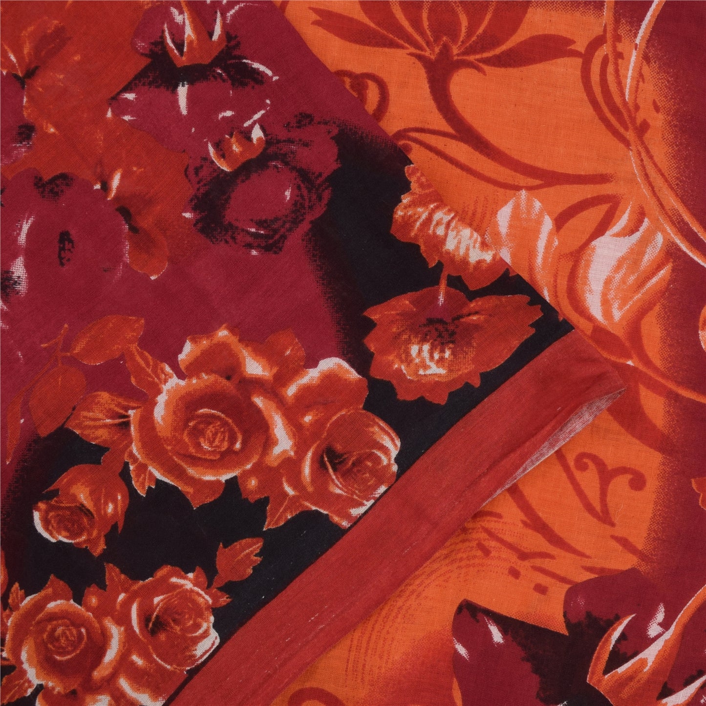 Sanskriti Vintage Sarees Indian Orange Pure Cotton Print Sari 5+yd Craft Fabric