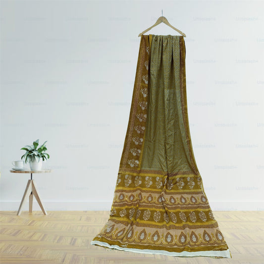 Sanskriti Vintage Sarees Indian Green Pure Cotton Printed Sari 5+yd Craft Fabric