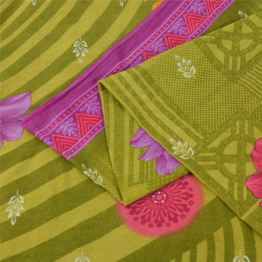 Sanskriti Vintage Sarees Green Pure Cotton Floral Printed Sari 5+yd Craft Fabric
