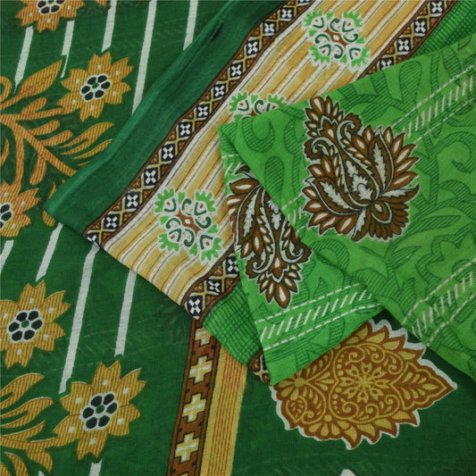 Sanskriti Vintage Sarees Green Pure Cotton Floral Printed Sari 5+yd Craft Fabric