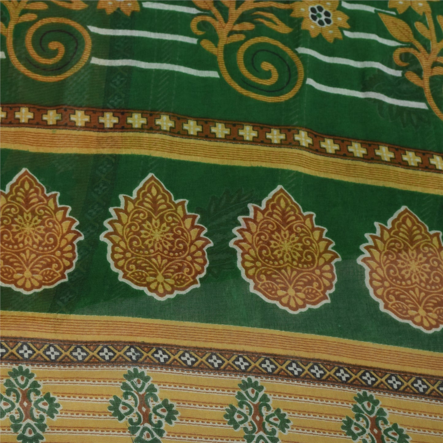 Sanskriti Vintage Sarees Green Pure Cotton Floral Printed Sari 5+yd Craft Fabric