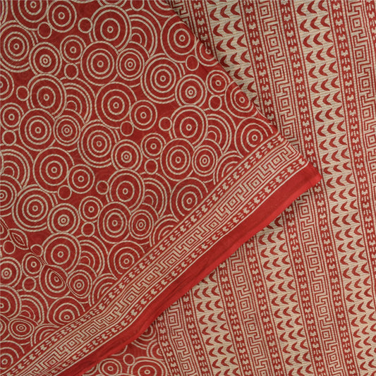 Sanskriti Vintage Sarees Red Pure Cotton Geometric Print Sari 5+yd Craft Fabric