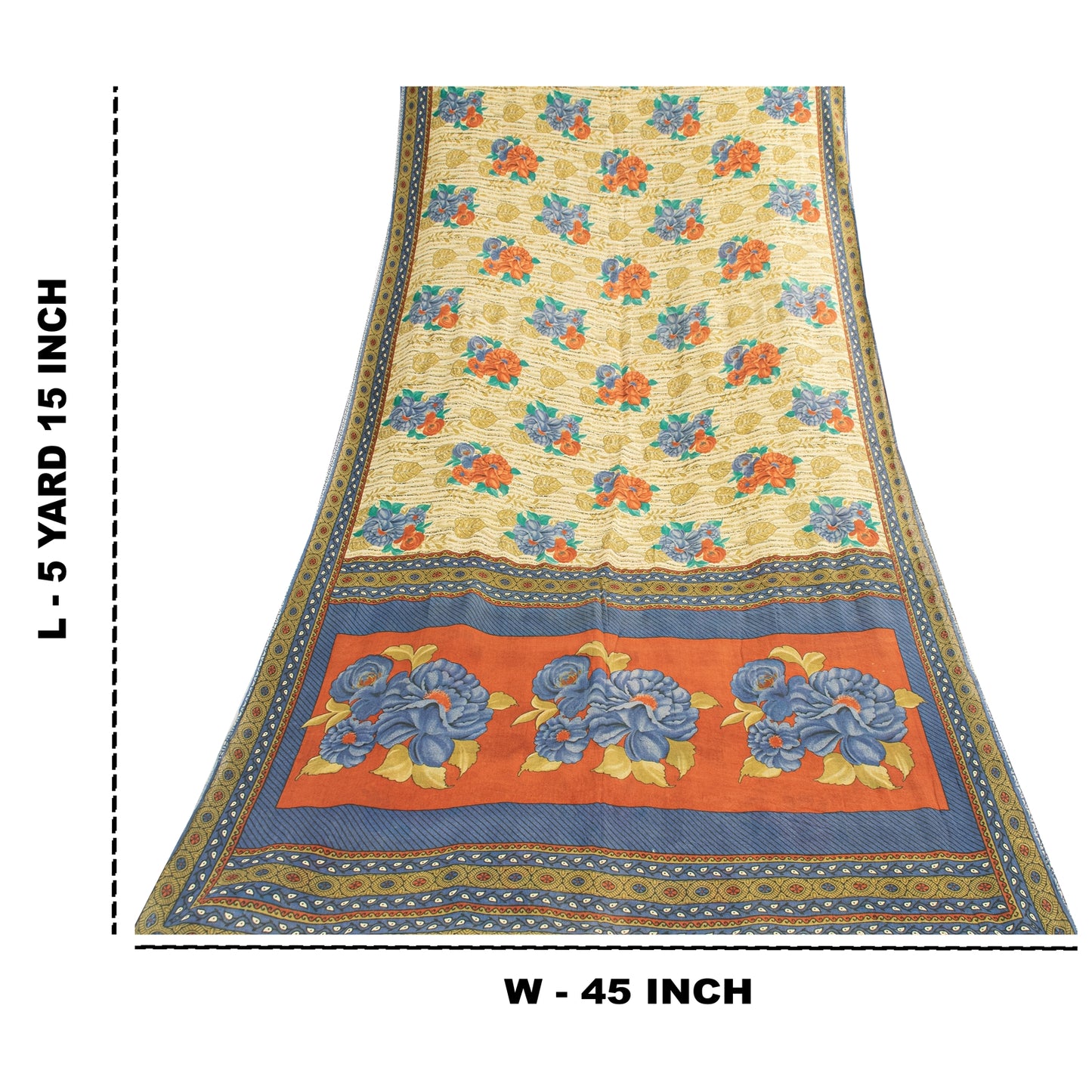 Sanskriti Vintage Sarees Indian Ivory Pure Cotton Printed Sari 5+yd Craft Fabric