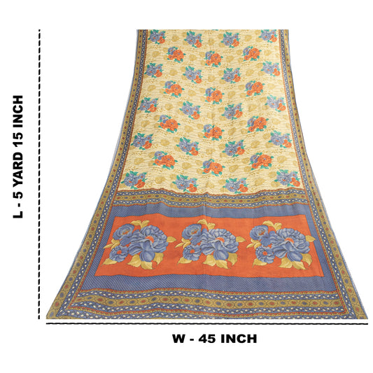 Sanskriti Vintage Sarees Indian Ivory Pure Cotton Printed Sari 5+yd Craft Fabric
