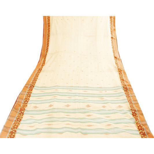 Sanskriti Vintage Sarees Ivory Tant Hand WovenPure Cotton Sari 5+yd Craft Fabric