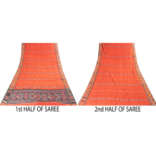 Sanskriti Vintage Sarees Orange Ikat Handwoven Odisha Pure Silk Sari 5+yd Fabric