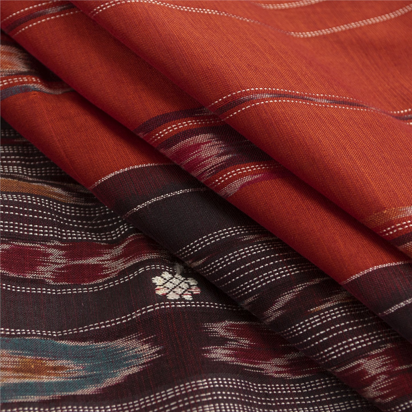 Sanskriti Vintage Sarees Orange Ikat Handwoven Odisha Pure Silk Sari 5+yd Fabric