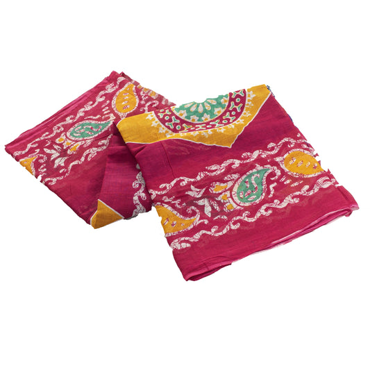 Sanskriti Vintage Sarees Purple & Pink Pure Cotton Batik Print Sari 5+yd Fabric