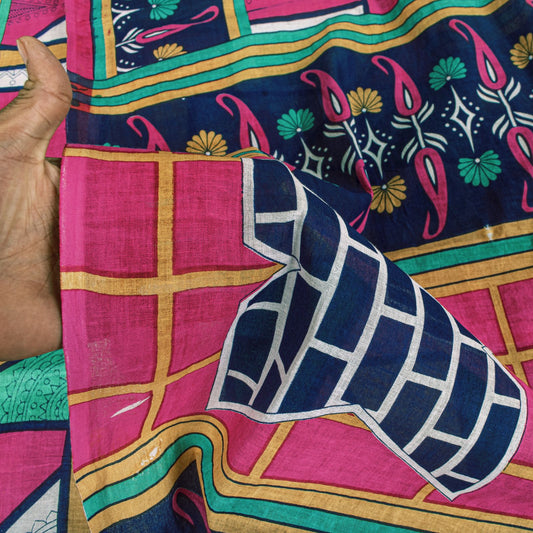 Sanskriti Vintage Saree Multicolor Pure Cotton Geometric Print Sari 5YD Fabric