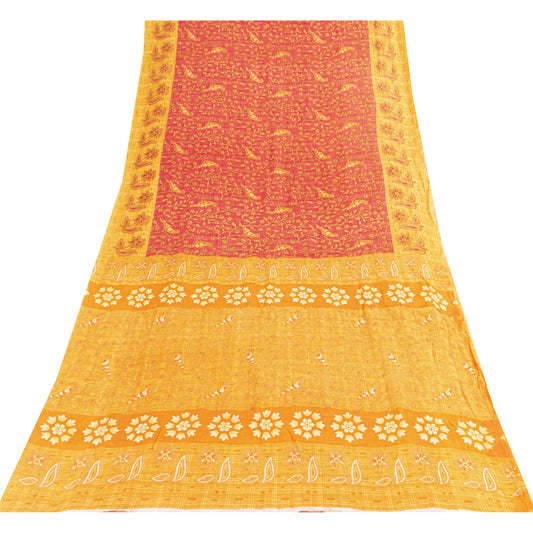 Sanskriti Vintage Sarees Red & Yellow Pure Cotton Printed Sari 5+yd Craft Fabric