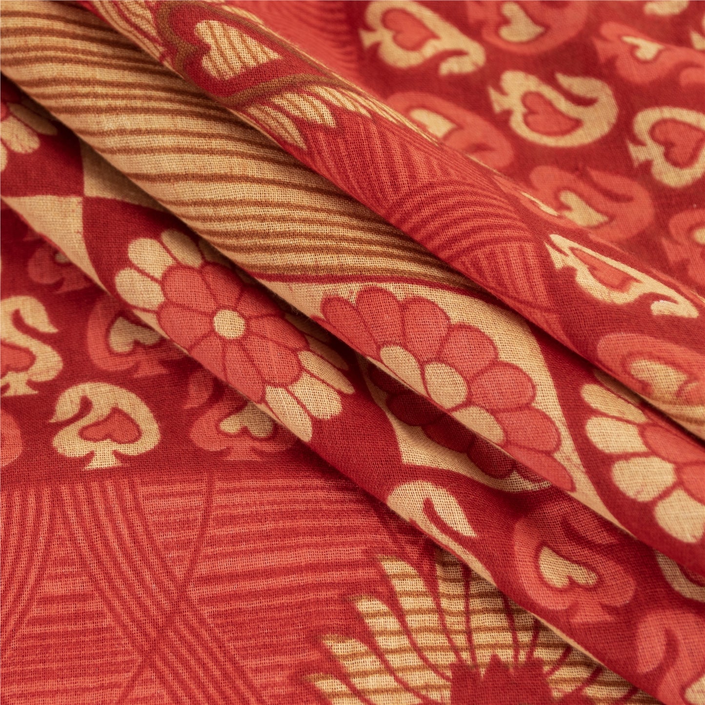 Sanskriti Vintage Sarees Indian Red Pure Cotton Printed Sari 5+yd Craft Fabric