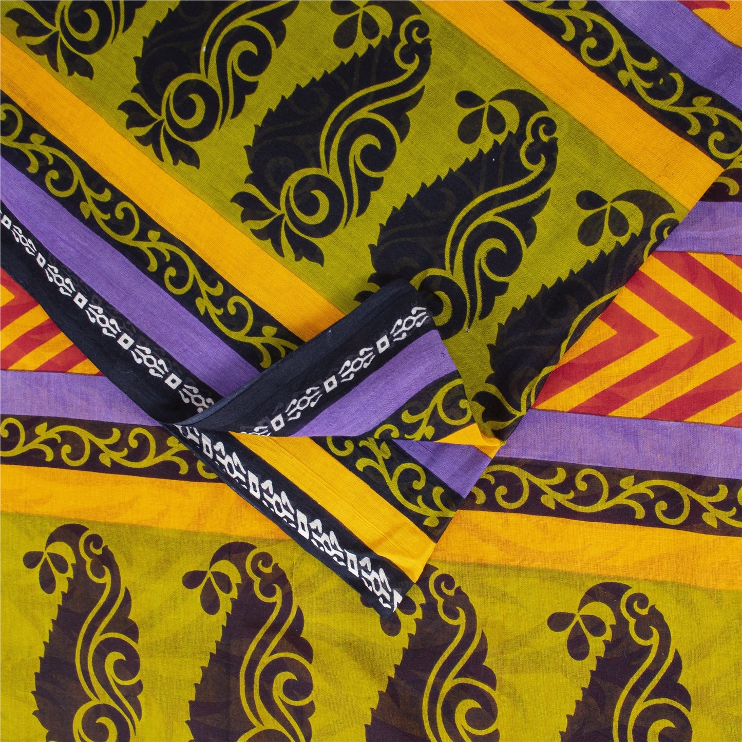 Sanskriti Vintage Sarees Indian Yellow Pure Cotton Print Sari 5+yd Craft Fabric