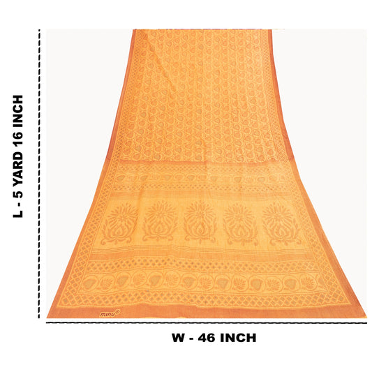 Sanskriti Vintage Sarees Yellow 100% Pure Cotton Printed Sari 5+yd Craft Fabric