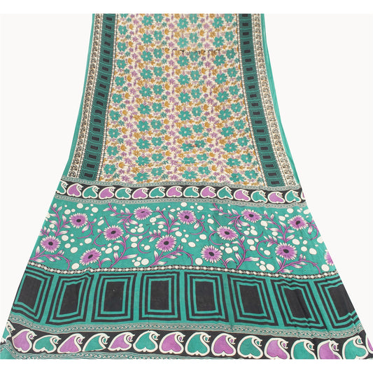 Sanskriti Vintage Ivory Soft Pure Cotton Saree Rotary Floral Printed Sari 5+yd