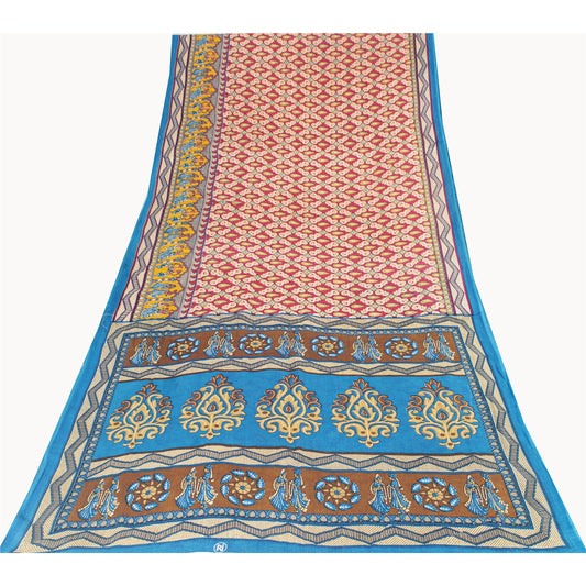 Sanskriti Vintage Sarees Red Pure Cotton Human Printed Sari 5+yd Craft Fabric