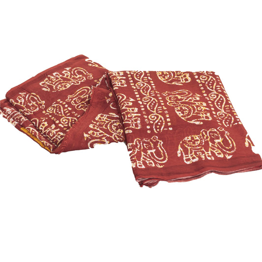 Sanskriti Vintage Sarees Red & Yellow Pure Cotton Batik Printed Sari 5+yd Fabric