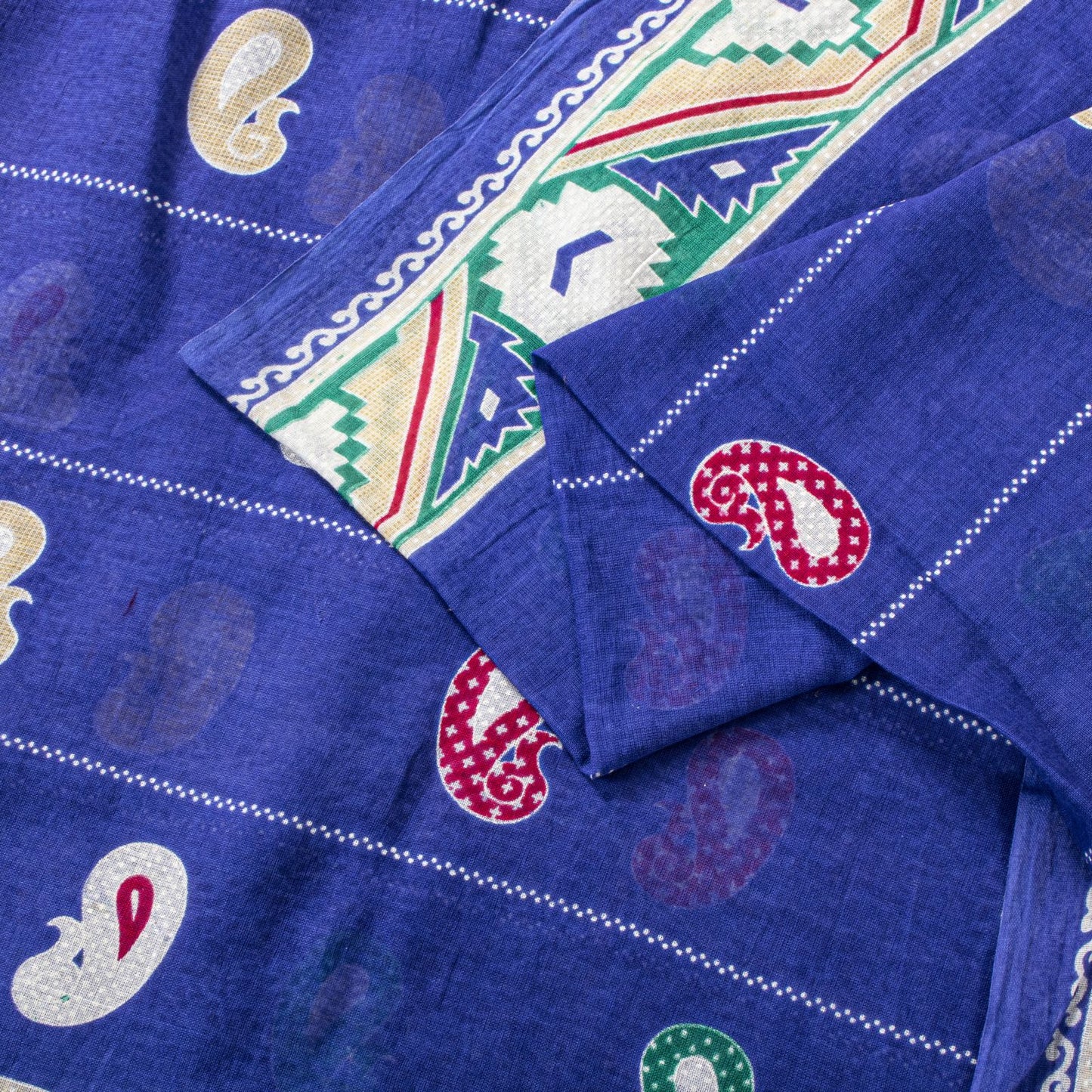 Sanskriti Vintage Saree Blue Pure Cotton Paisley Printed Sari 5YD Craft Fabric