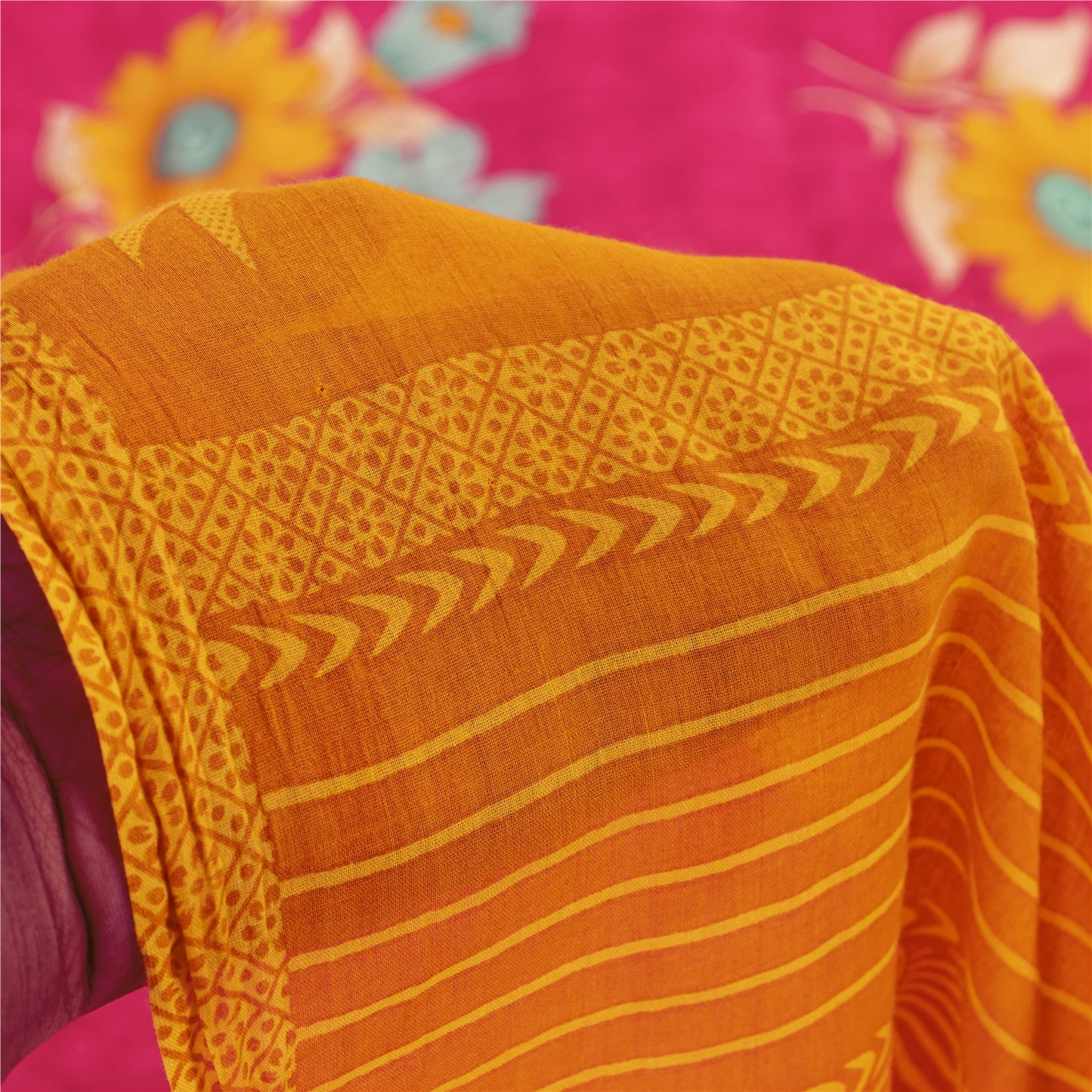 Sanskriti Vintage Sarees Pink & Yellow Pure Cotton Print Sari 5+yd Craft Fabric