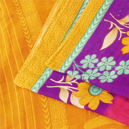 Sanskriti Vintage Sarees Pink & Yellow Pure Cotton Print Sari 5+yd Craft Fabric