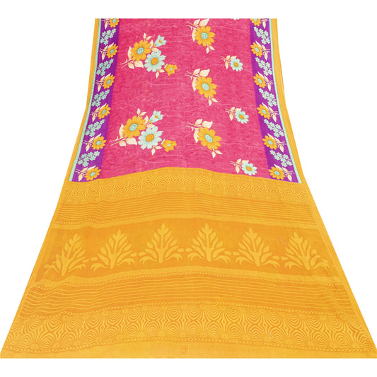 Sanskriti Vintage Sarees Pink & Yellow Pure Cotton Print Sari 5+yd Craft Fabric