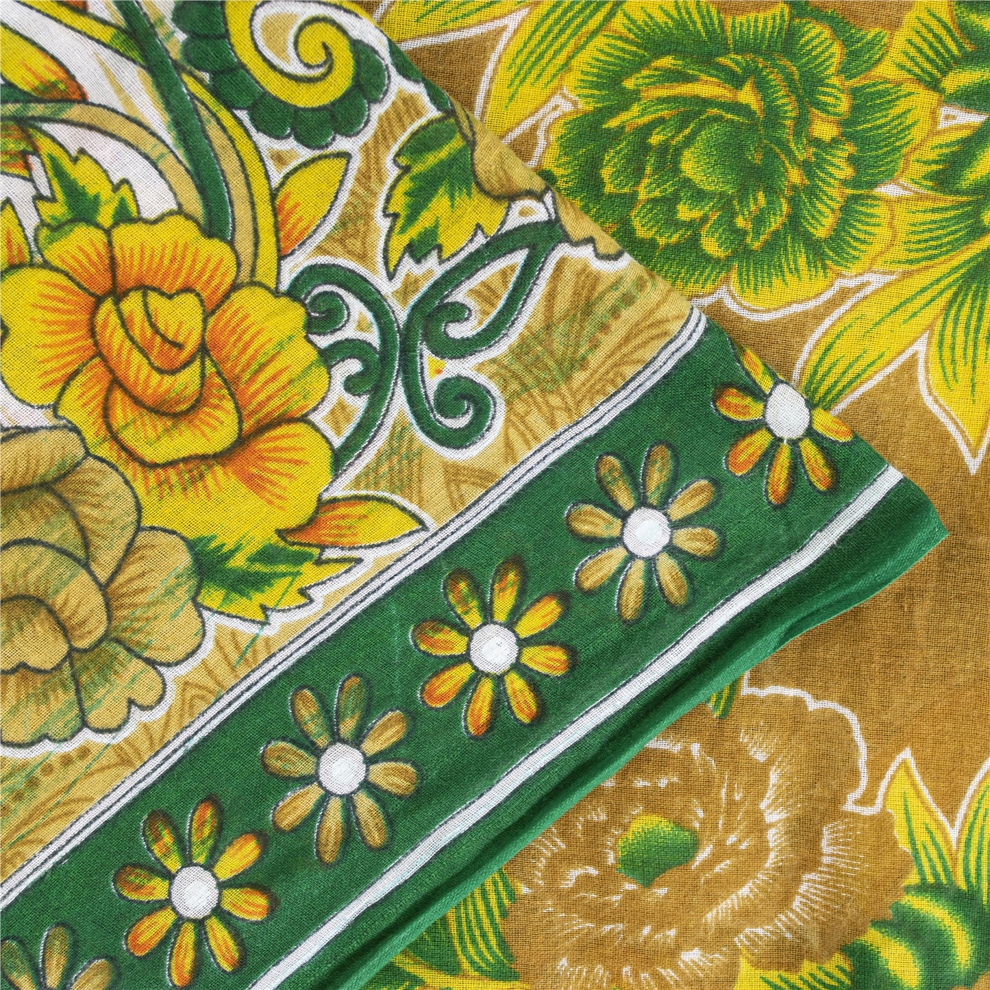 Sanskriti Vintage Sarees Indian Green Pure Cotton Printed Sari 5+yd Craft Fabric