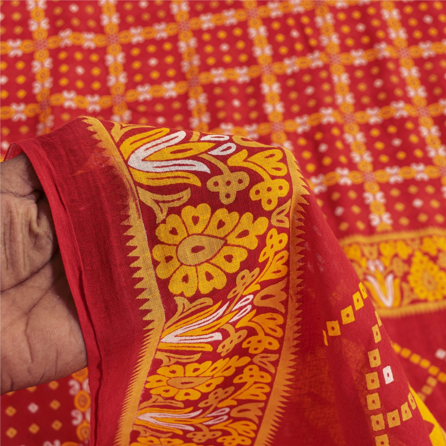 Sanskriti Vintage Sarees Red & Yellow Pure Cotton Printed Sari 5+yd Craft Fabric