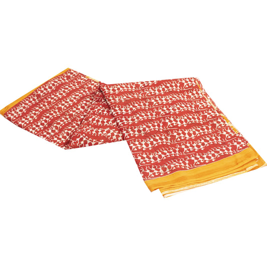 Sanskriti Vintage Sarees Cream & Red Pure Cotton Warli ArtPrint Sari 5+yd Fabric