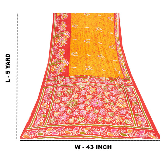 Sanskriti Vintage Sarees Yellow & Red Pure Cotton Printed Sari 5+yd Craft Fabric