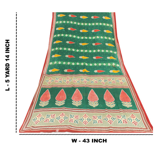 Sanskriti Vintage Sarees Indian Green Pure Cotton Printed Sari 5+yd Craft Fabric